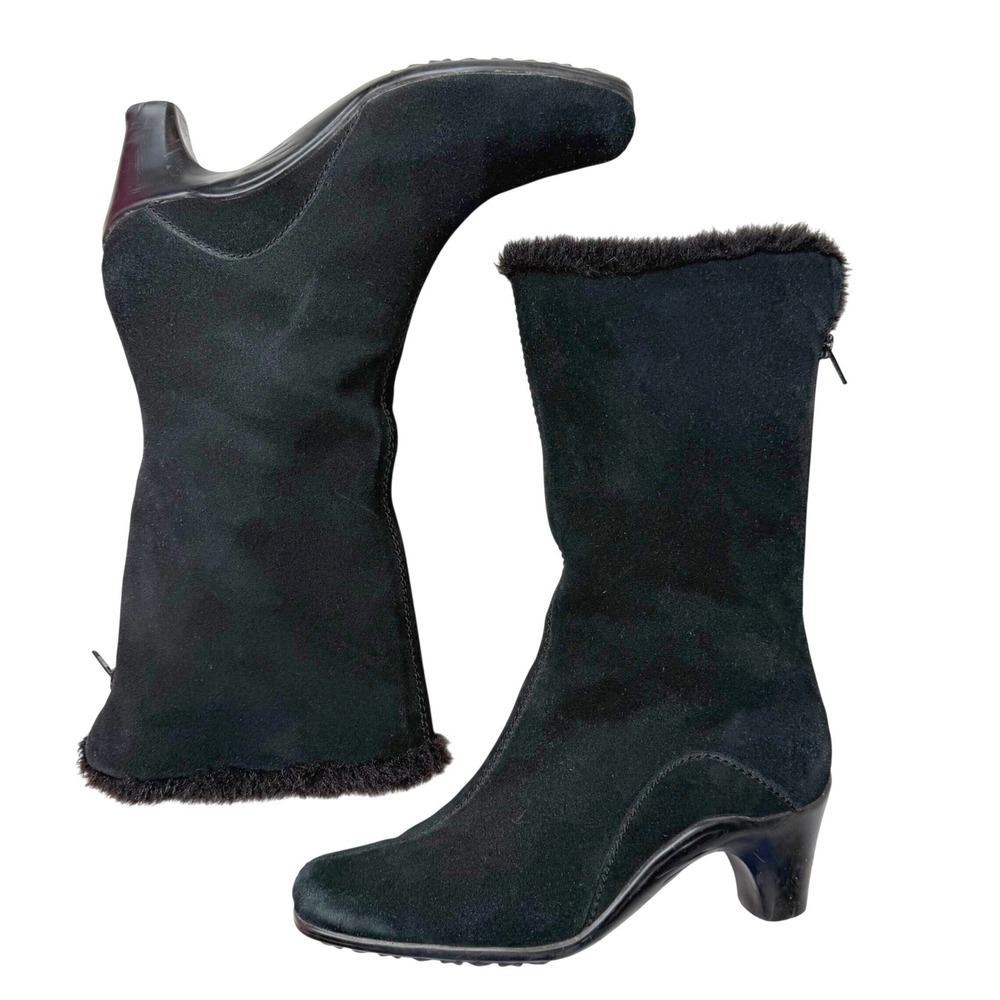 Aerosoles Black Suede Mid Calf Boots Wedge Black Faux Fur Liner Quiet Luxury 8